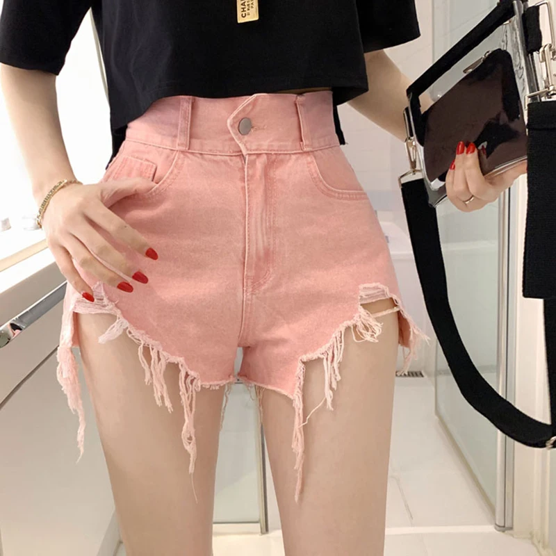 QOERLIN Vintage Ripped Jeans Shorts Women High Waist Denim Shorts Female Summer Chic Streetwear Stylish Sexy Hot Shorts Girls