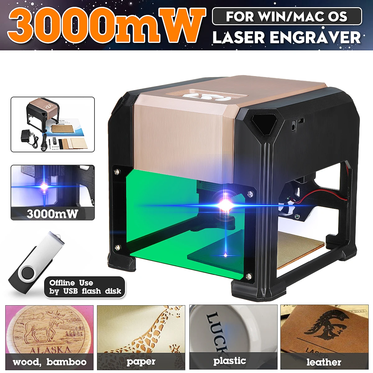 Máquina de grabado láser de escritorio USB de 3000 mW máquina de grabado láser de marca de logotipo