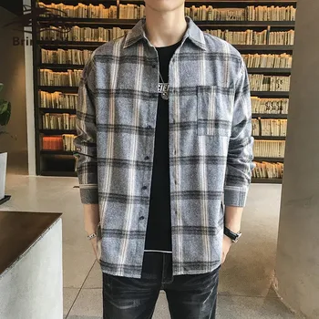

Brin Wolf Plus Size M-5XL Plaid Shirts Men Checkered Shirt Brand 2020 Spring New Fashion Button Long Sleeve Casual Shirts