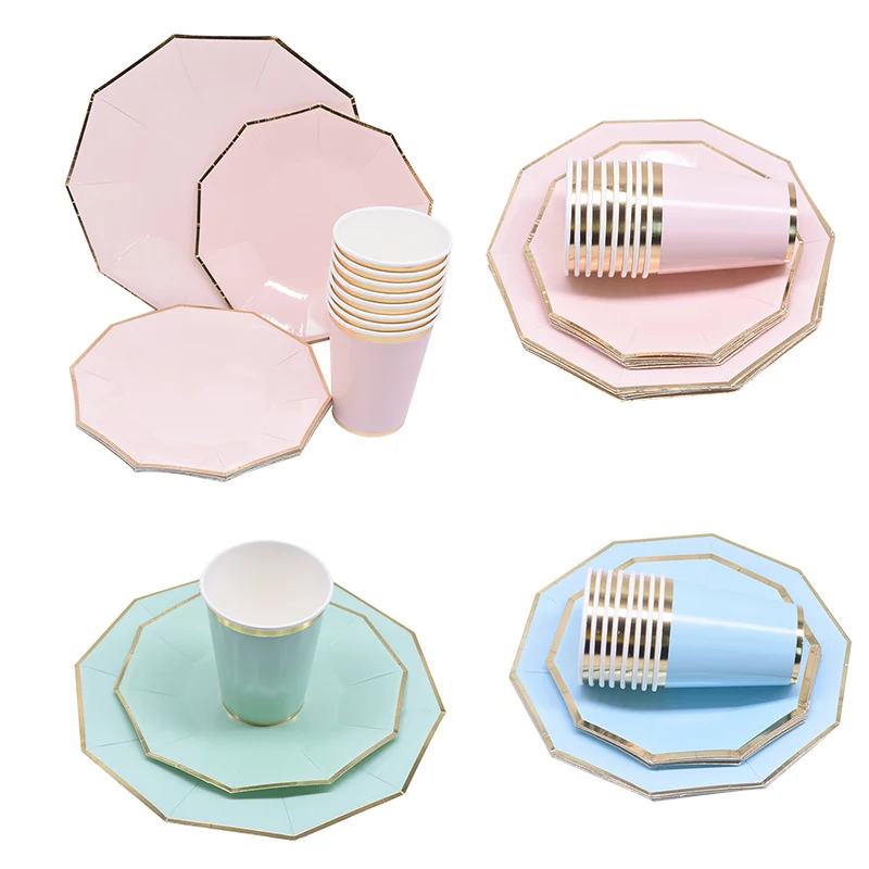 24Pcs Green Pink Blue Party Tableware Set Paper Plates Cups Disposable Tableware for Wedding Birthday Party Baby Shower Supplies