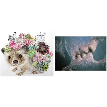 

2 Set Diy Diamond Painting Square Diamond Cross Stitch 5D Home Decor - Hedgehog Succulent Plants & Couple