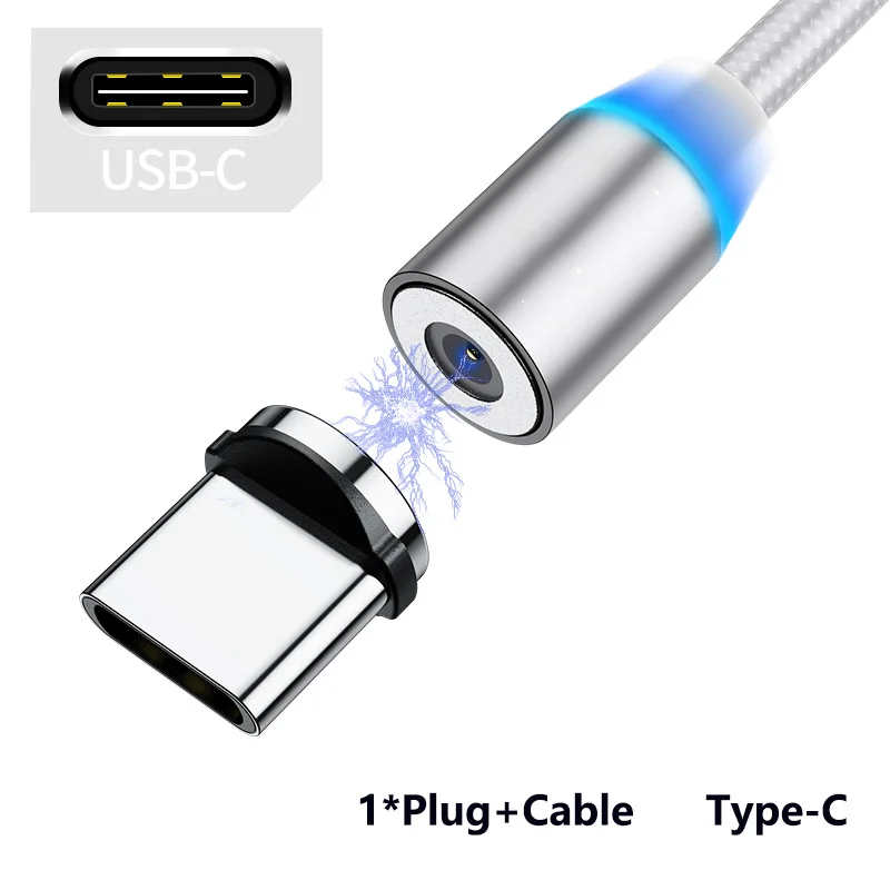 Type C Cable-Silver 1 м светодиодный магнитный usb-кабель для iPhone Xs Max 8 7 6 и кабель USB type C и кабель Micro usb для samsung Xiaomi huawei автомобильный телефонный кабель - Название цвета: Type C Cable-Silver