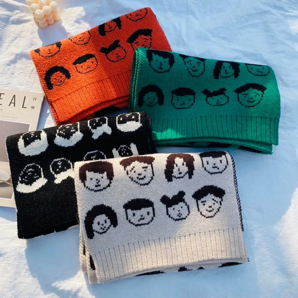 

Autumn Winter Women Scarf Shawl Original Design Cartoon Pattern Couple Weave Scarf Wrap Soft Skin-friendly
