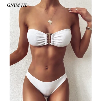 

GNIM Summer White Bikini Swimwear Women 2020 Sexy Bandeau Swimsuit Female Two Pieces Backless Swimming Suit For Women Biquini
