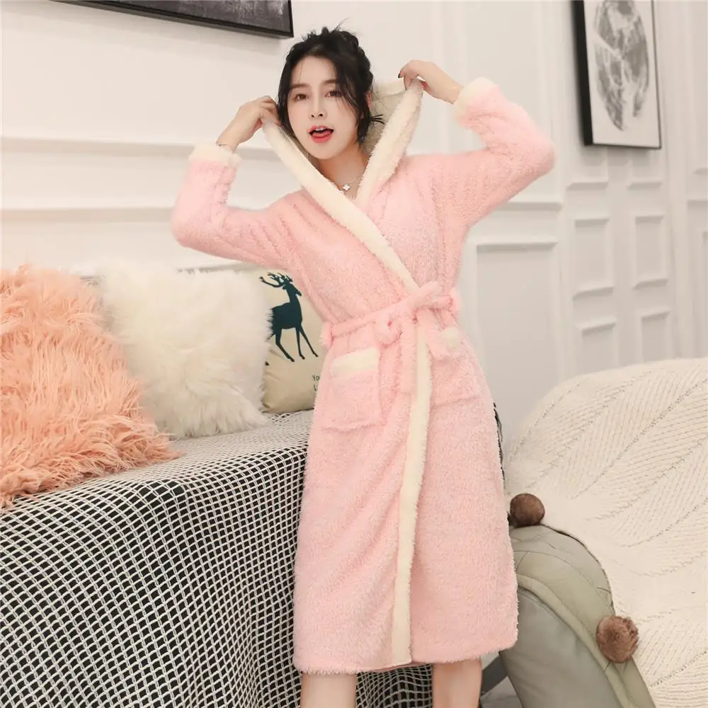 Новые зимние пижамы с v-образным вырезом и поясом, женский халат с капюшоном, новинка, теплая свободная Пижама, утепленное кимоно с рисунком, платье из кораллового флиса - Цвет: Pink B