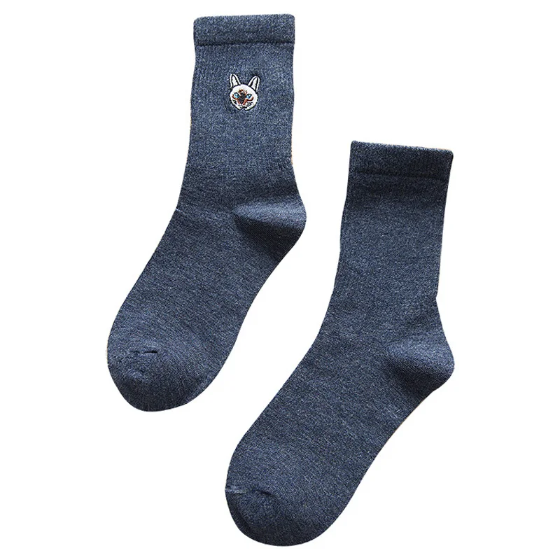 Модные женские хлопковые носки с вышивкой, милые спортивные носки с котом, Японские Женские однотонные носки, стерео носки с рисунками животных - Цвет: Синий