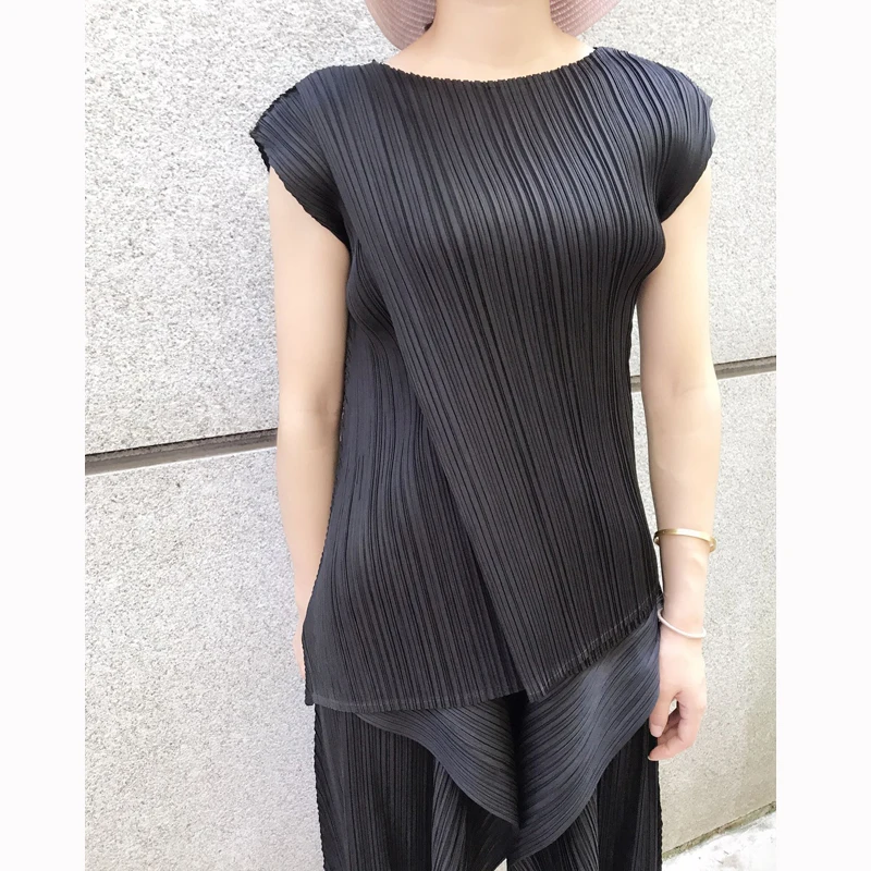 Changpleat дизайн Женская футболка двойные Топы Miyak плиссированные модные однотонные с круглым вырезом большие эластичные тонкие женские футболки Tide T89 - Цвет: Black