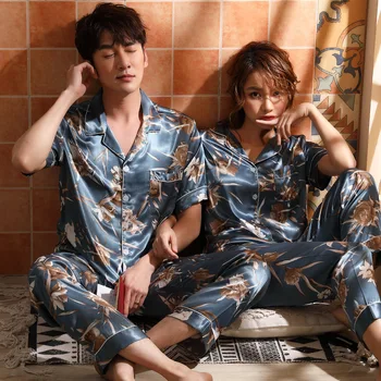 

Print Flower Couple Pajamas Set Shirt&pant Summer Casual Satin Pijamas Suit Sleepwear V-neck Short Sleeve Sexy Sleep Set 2XL 3XL