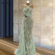 

Arabic Mint Green Evening Dress With See Through 2021 Robe De Soiree Dubai Design Couture Glitter Prom Dresses Women Party Gowns