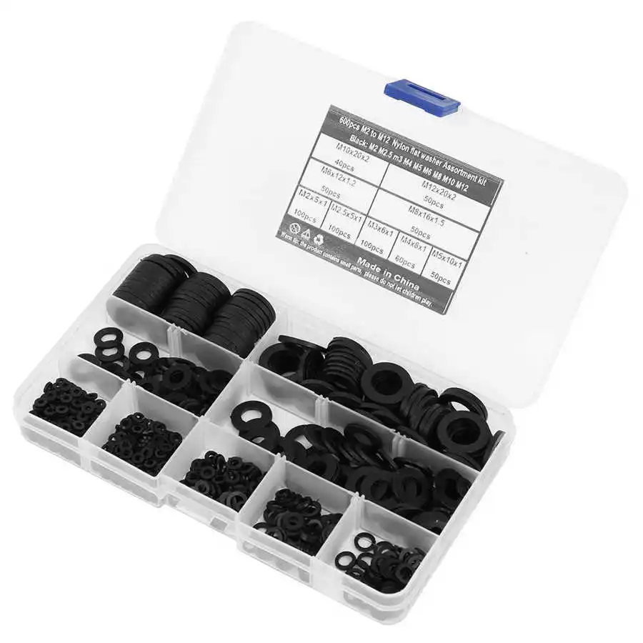 600pcs 9 Sizes Black Nylon Flat Washers Gasket Assortment Kit M2-M12 Box 