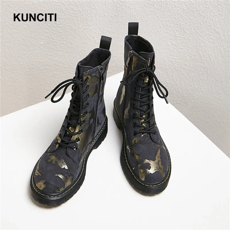 KUNCITI/женские ботильоны на шнуровке; женская зимняя теплая обувь; сапоги с рисунком; женские Ботинки martin в европейском стиле; дизайн; D013