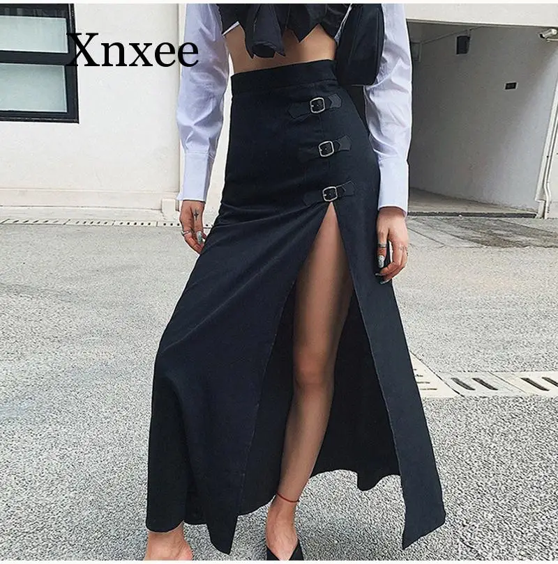 Punk Black Sexy High Slit Skirt Long Black Gothic Punk Autumn High Waist Side Split Full Clothes Zipper 2020 Streetwear Women gothic streetwear star patchwork high waist jeans y2k fashion hip hop unisex straight jeans korean style autumn punk clothes