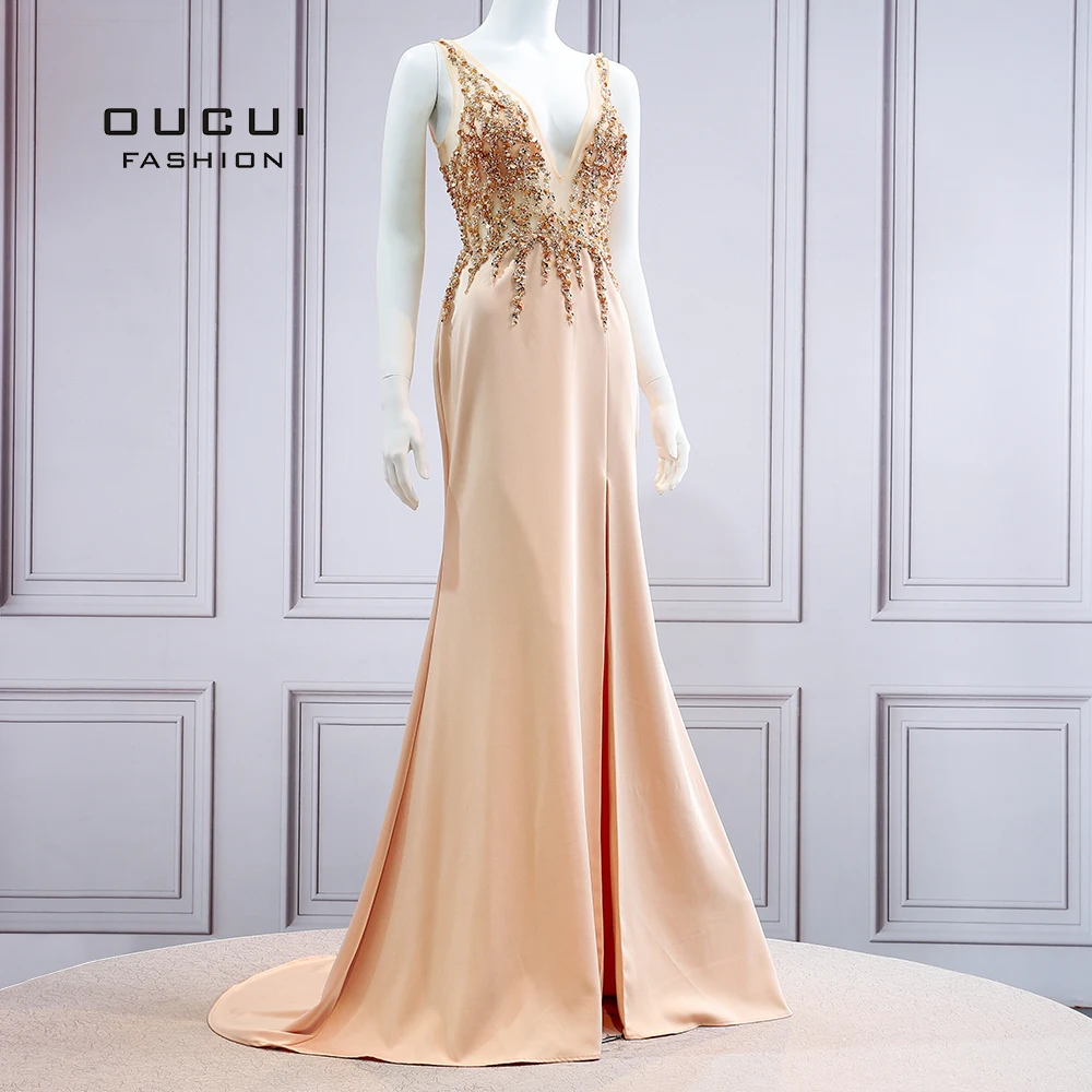 Трапециевидные Длинные вечерние платья Robe De Soiree с v-образным вырезом на спине со шлейфом со стразами без рукавов вечерние платья OL103541