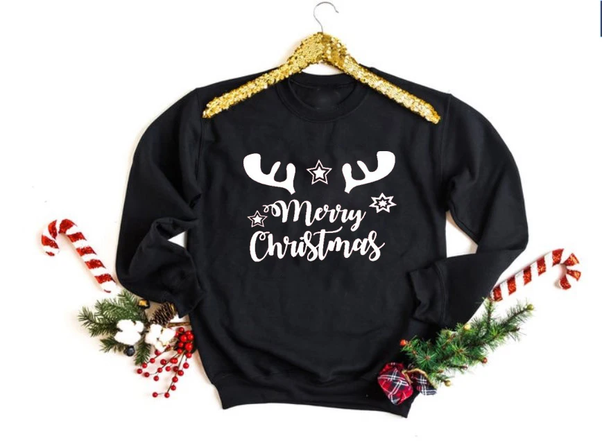 black tee white text Модная толстовка унисекс с рождественским принтом; толстовки с изображением оленя и звезд; повседневные хипстерские толстовки из хлопка; джемпер Tumblr; эстетический пуловер - Цвет: black tee white text
