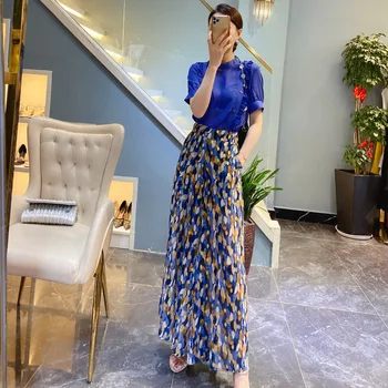 

Women pant skirt and top set summer 2020 short sleeve ruffles chiffon tops blouses + floor length skirt-pants two piece outfit