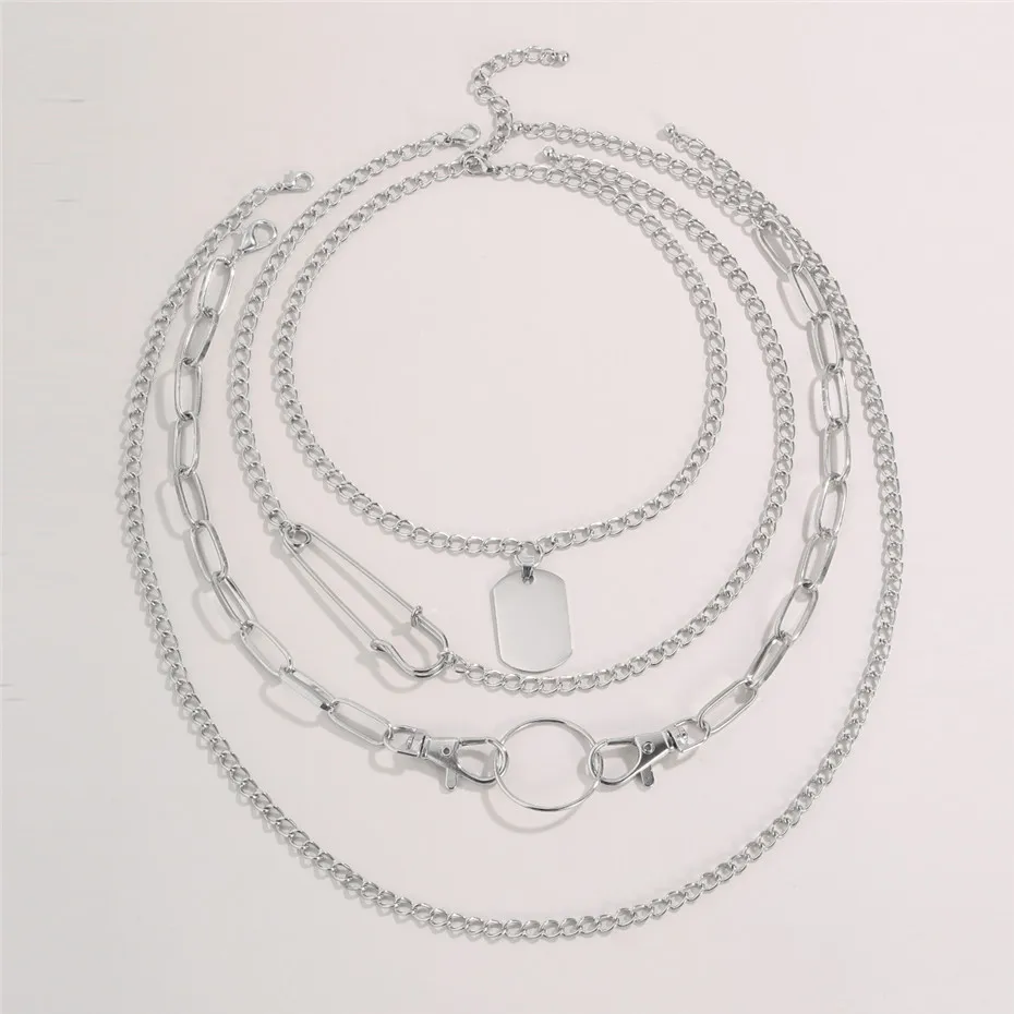 Salircon Goth Multi Layer Safety Pin Key Chains Necklaces For Women Punk Geometric Tag Pendant Necklace Gothic Jewelry Gift