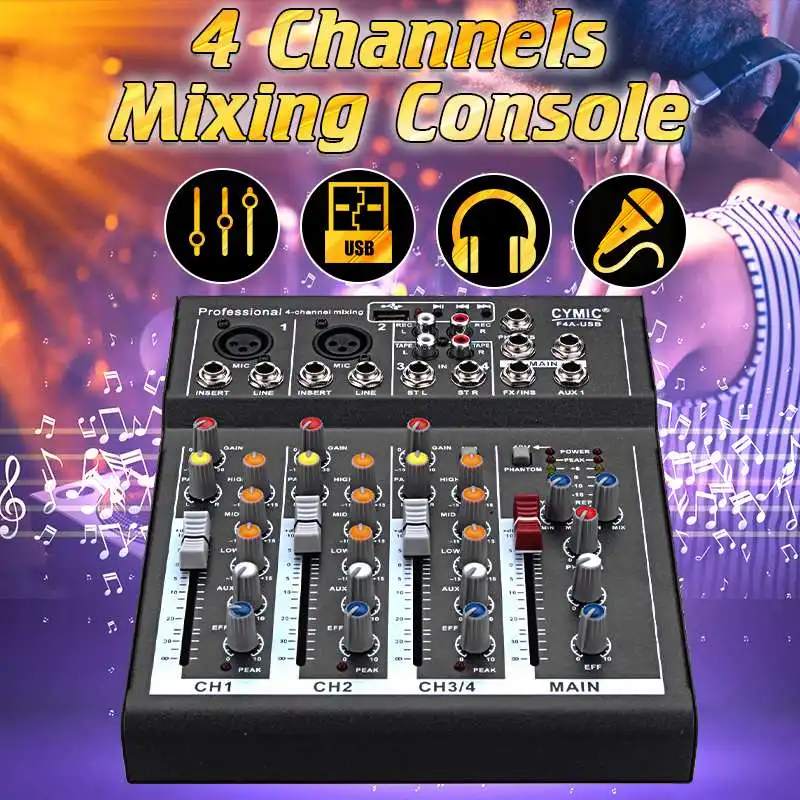 

4 Channels Professional Audio Mixer DJ Mixer USB Sound Card Mixing Console For Karaoke KTV Home Live Performance 110V- 220V