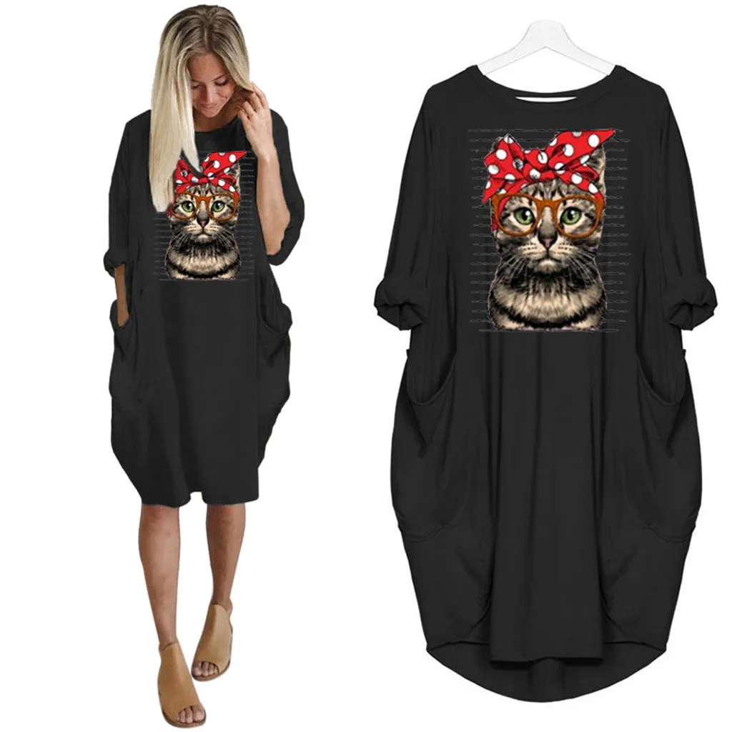 Cat Long Dress Women Plus Size 3XL O-Neck платье Summer Fashion HOT Long Sleeve Printed Short Mini Autumn A-Line Dress Wholesale