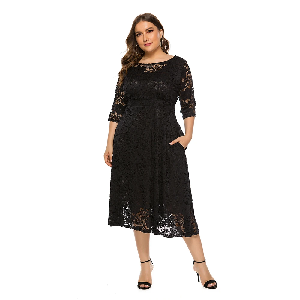 5XL 6XL стильное кружевное платье с цветочным рисунком для женщин; Большие размеры с О-образным вырезом 3/4 рукав Вечеринка Vestidos, элегантное, в ретро стиле, открытые платья с карманами