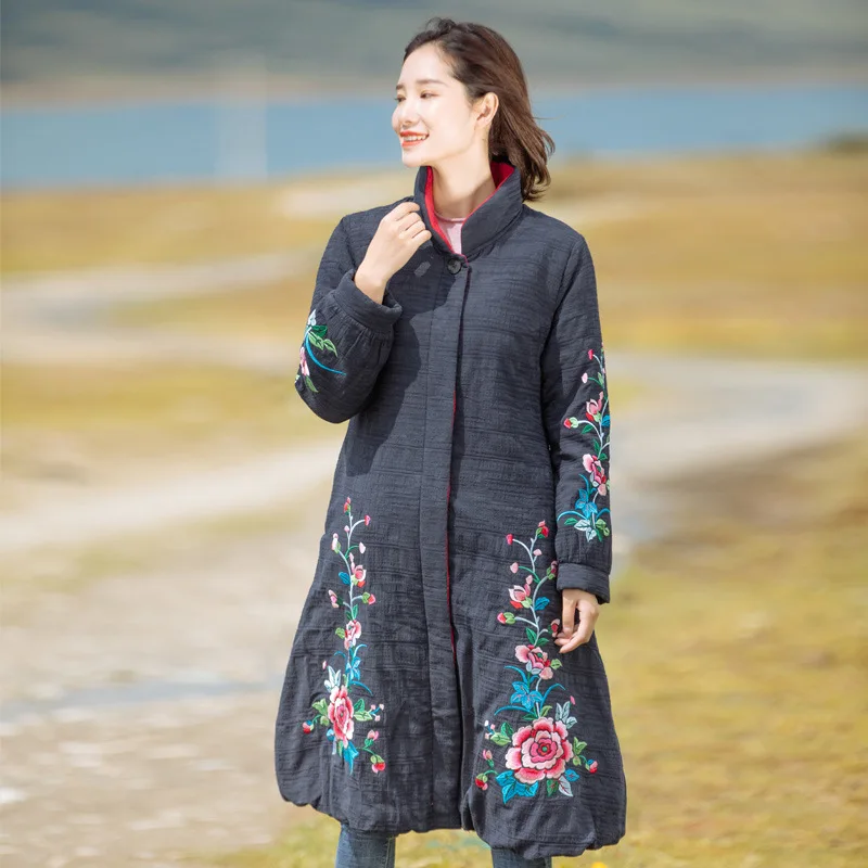 

Factory Sales Ethnic-Style Embroidered Cotton Coat 2019 Winter New Style Black And White with Pattern Chinese-style Retro Thick
