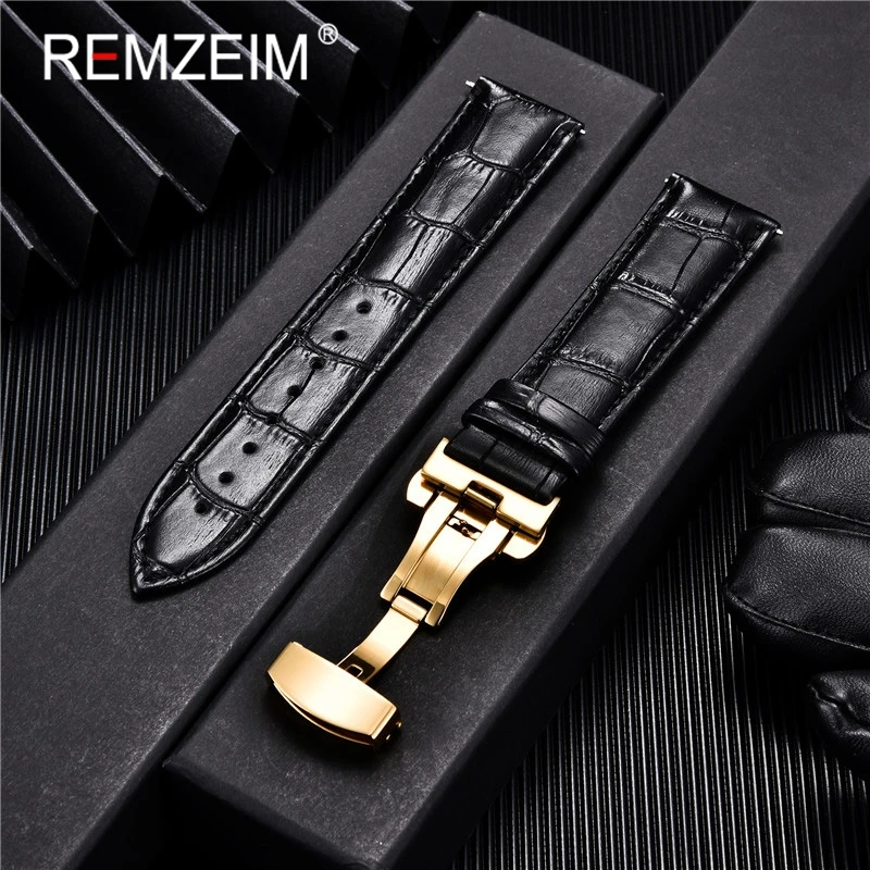 Embossed Genuine Leather Strap with Automatic Butterfly Buckle - Business Watchband