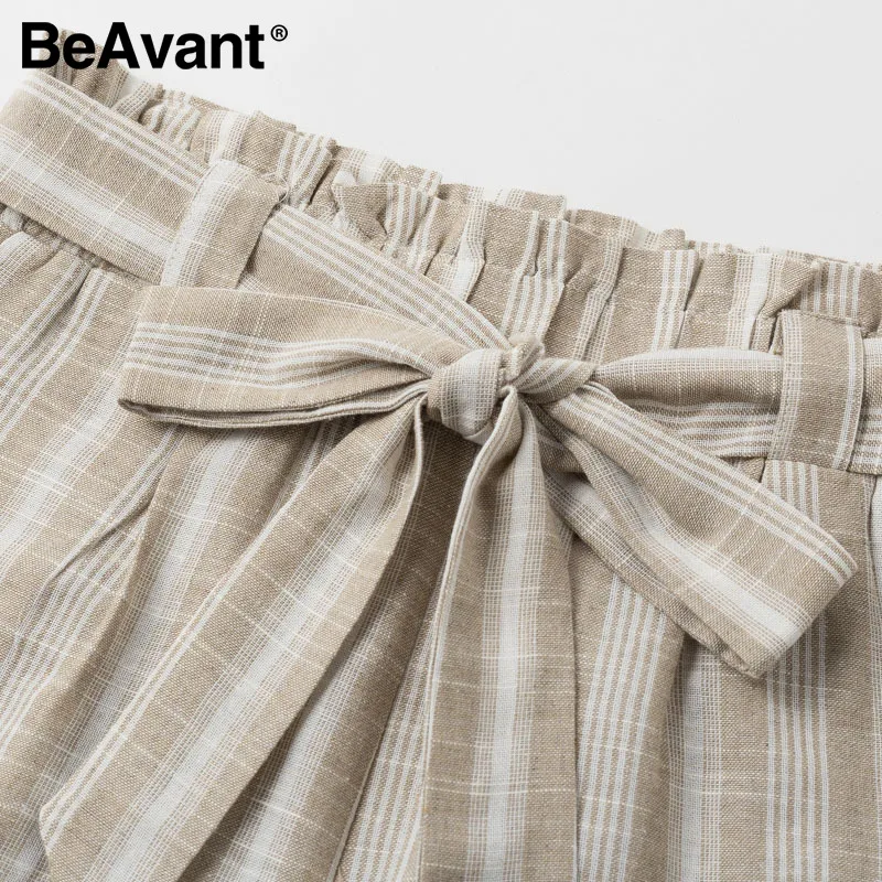 BeAvant, модные, в полоску, женские шорты, элегантные, хлопковые, летние, Boho, повседневные, свободные, шорты с высокой талией, женские, с оборками, с поясом, короткие, с карманами