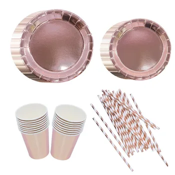 

Rose Gold Disopable Tableware Set Paper Plates Cups Striped Straws Dot Napkins For Wedding Birthday Party Decoration Supplies