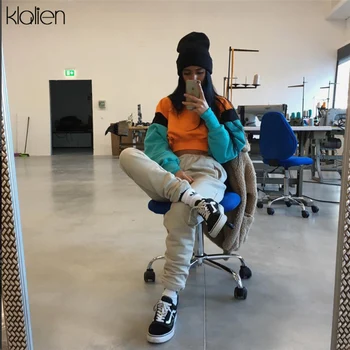

KLALIEN Splcing Color Hoodies Pullover Long Sleeve O-Neck Casual Sweatshirts Leisure Tops 2019 Autumn Women Fashion Sweatshirt