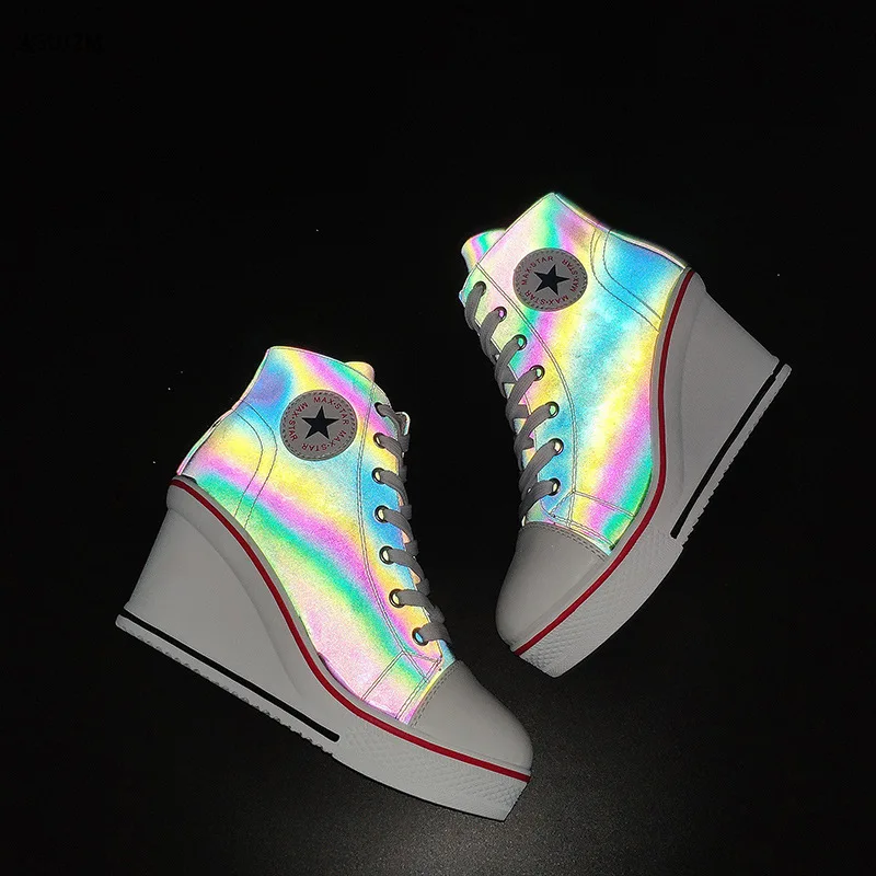 

Illuminated high-top canvas shoes 2019 wedge casual shoes side zipper lace up thick bottom 8 cm increased Sneakers female Z230