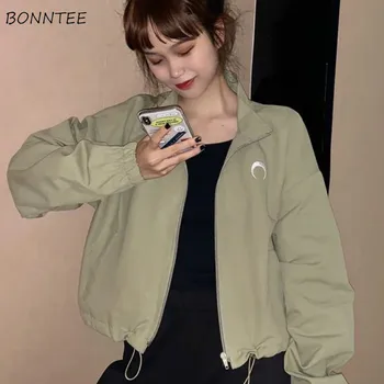 

Jackets Women Solid Embroidery Loose Elastic Waist Student Girl Ulzzang Bomber Jacket Chic Cute Simple All-match New Popular Fit