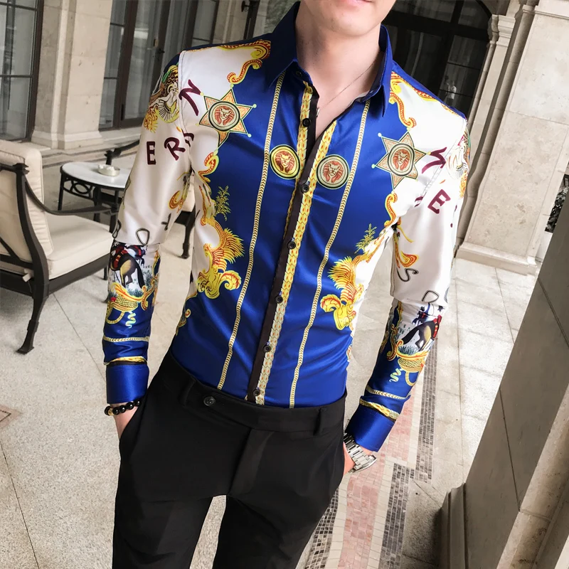 

Korean Men Shirt Slim Fit Prom Elegant Shirts For Men Contrast Royal Blue Gold Shirts For Men Long Sleeve Dress Print Designer
