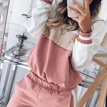 

Splicing Casual 2019 Women Set Spring Two Piece Set Pink Pullover Sportwear Tops and Pencil Jogging Pants Female Sporting Suit
