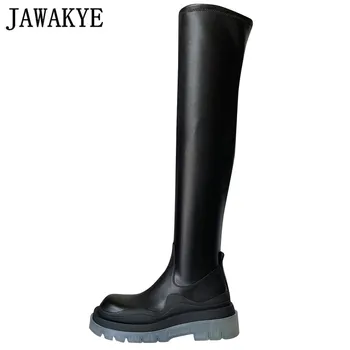 

Jelly Sole Thigh High Sock Boots Flat Platform Women Thick Bottom Elastic Over the Knee Long Boots Winter Shoes Women