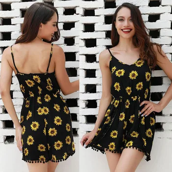 

Summer New Women Fashion Sunflower Jumpsuit Camisole Sexy Sleeveless Bodysuit Casual Daily Club Beach Playsuit