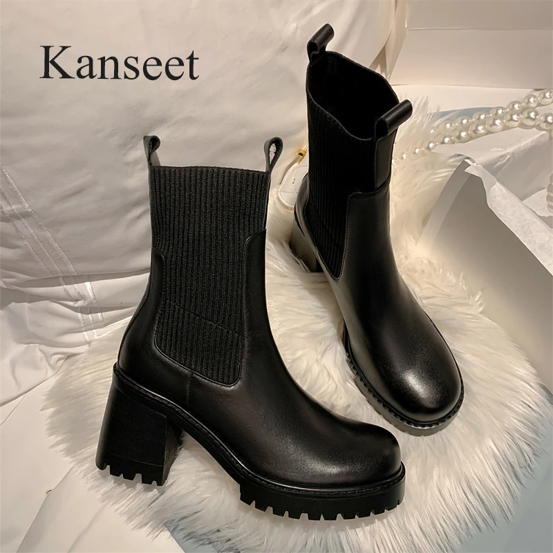 Женские короткие ботинки из натуральной кожи Kanseet черные ручной работы с круглым