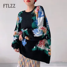 Винтажный корейский женский свитер, свободные вязаные топы больших размеров, новинка, Осень-зима, черный пуловер с цветочным принтом, свитера, пальто