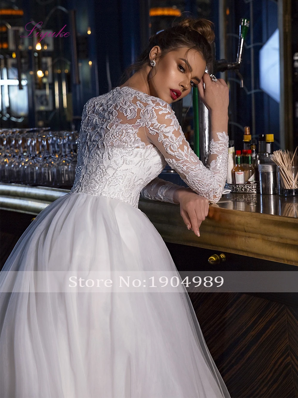 Liyuke свадебное платье трапециевидной формы с украшением из бисера и кружевными аппликациями, с длинными рукавами, с блестками, Тюлевое свадебное платье на заказ с часовым шлейфом