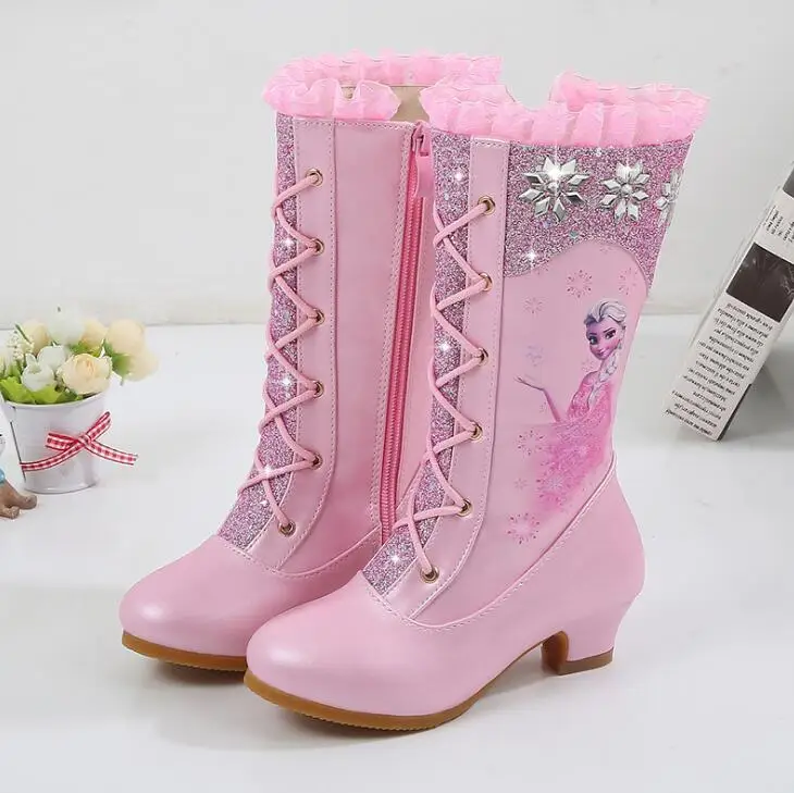 

Pink Winter Boots Girls High-heeled Children's Leather Snow Boots Flowers Princess Plush Warm Fashion Kids Party Boots