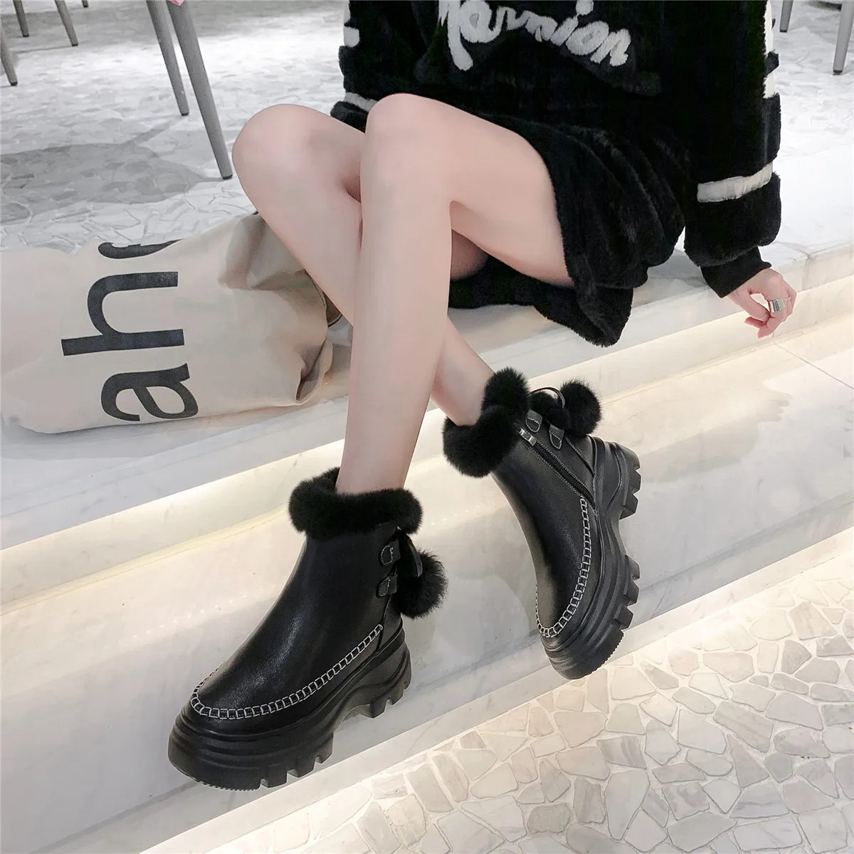 Women's genuine leather platform flats ankle boots warm plush winter cold weather waterproof Non-slip snow boots shoes for women