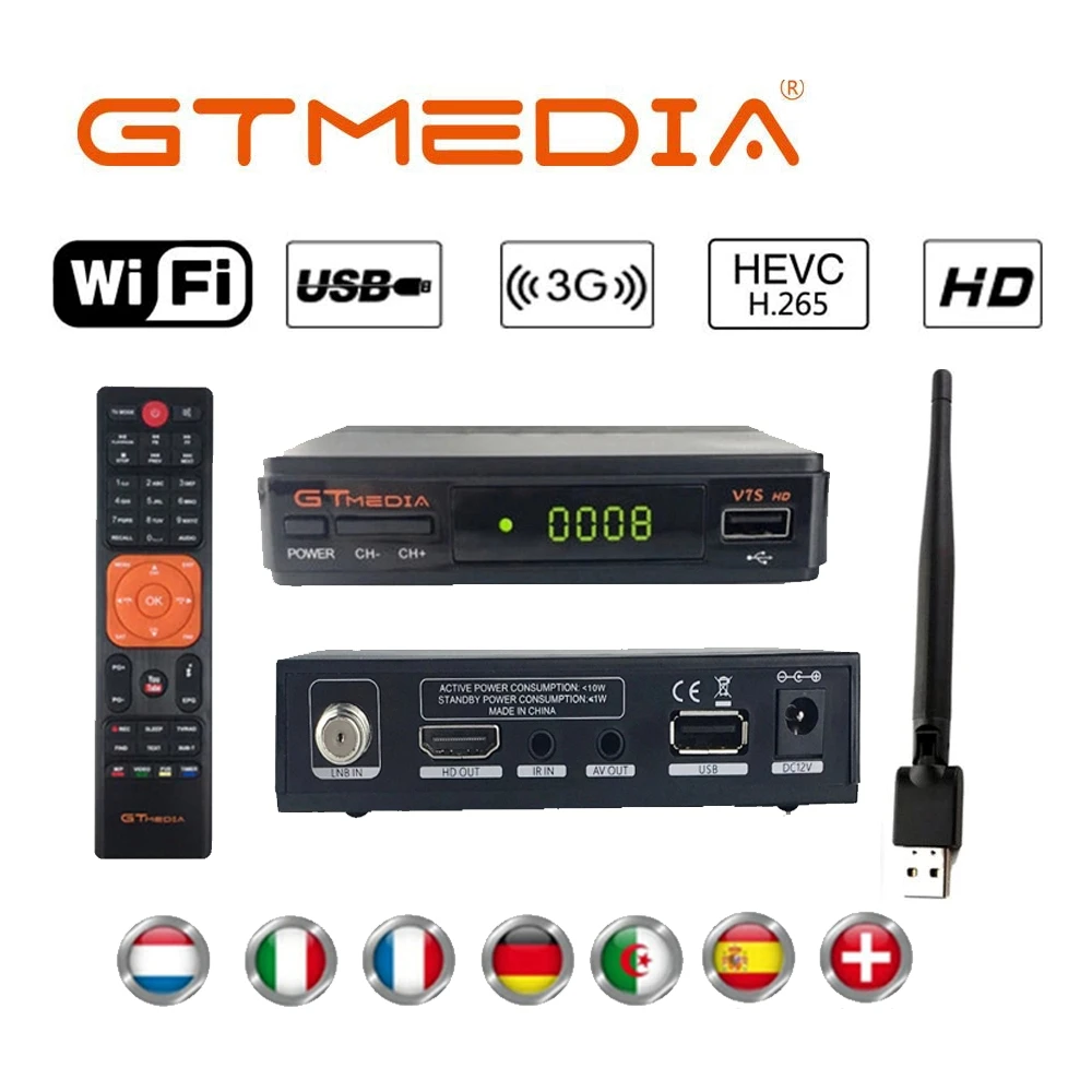 

GTmedia V7S HD DVB-S2 Digital Satellite TV Receiver Decoder with USB WiFi Antenna Receiver Sat FTA 1080P Full with 2 year cccam