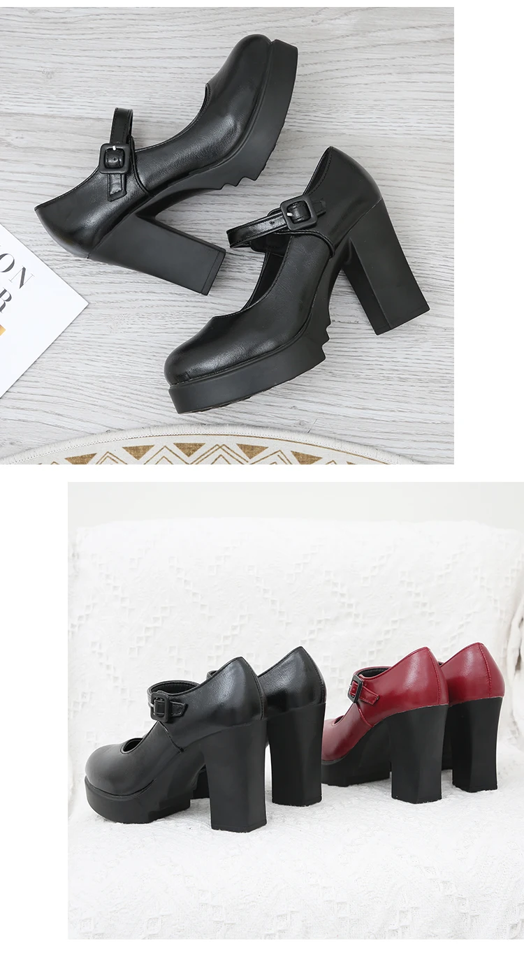 Женские туфли-лодочки mary janes из искусственной кожи; цвет красного вина; модельные туфли на высоком каблуке; женские классические туфли на платформе с пряжкой и толстым круглым носком; женская обувь; A00350