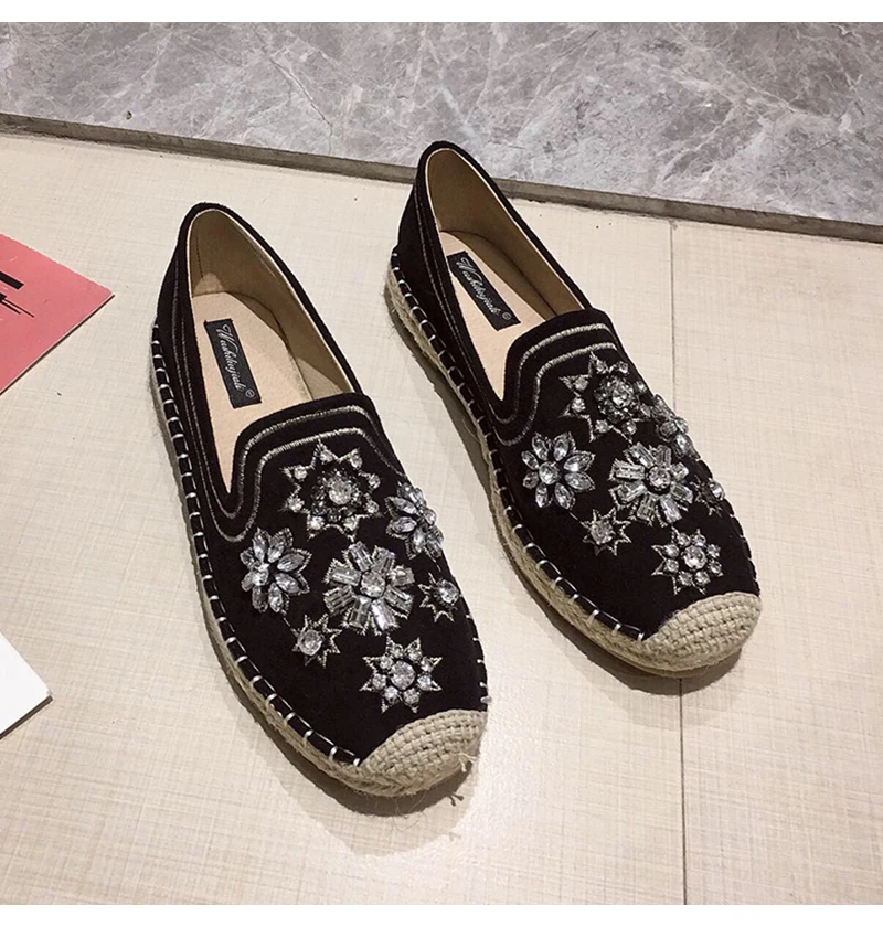 Fashion Hemp Loafers Women Espadrilles Flats Shoes Sewing Rhinestone Round Toe Ladies Casual Moccasins Slip On Brand Style New