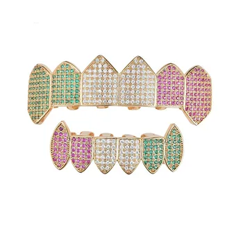 

Color Hip Hop Iced Out Irregular Top Bottom teeth Grillzs Set Fang Men AAA CZ Zircon Stone Bling Dental Grills Rapper Jewelry