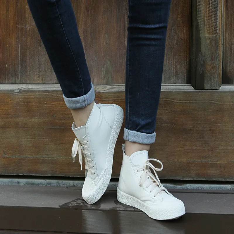 Careaymade-High top Genuine leather short boots Korean small white shoes lace up comfortable women's shoes cowhide single boots
