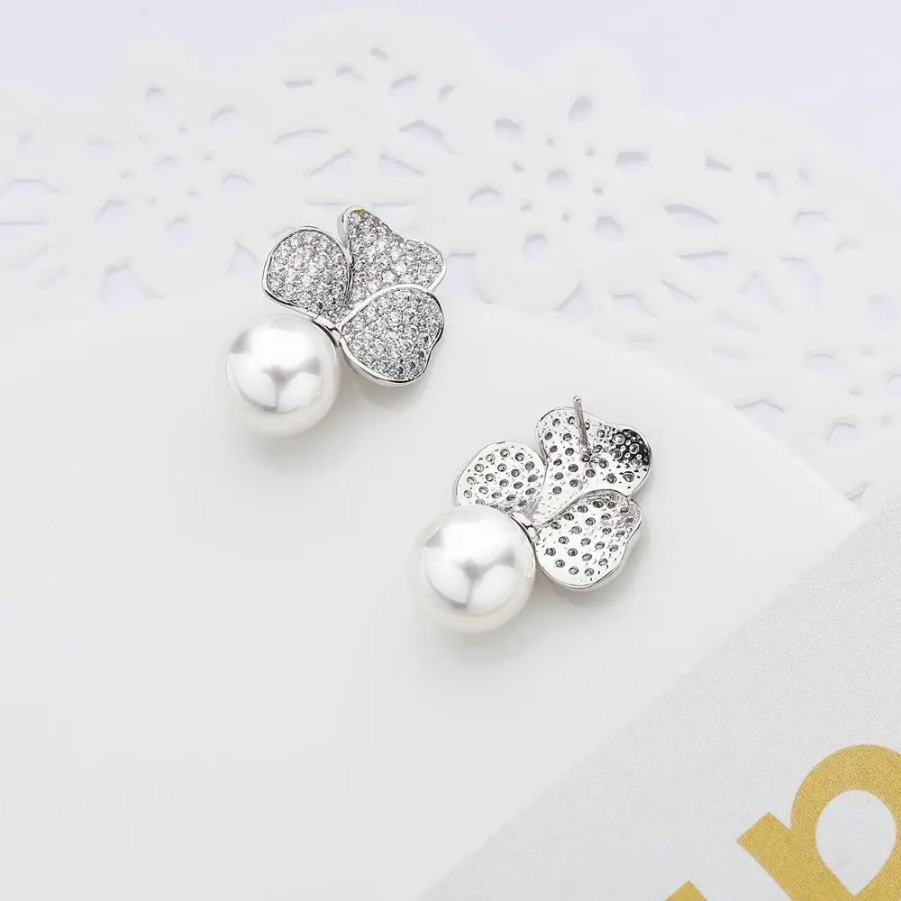 Pearl Cubic Zircon Drop Earrings for Wedding, Crystals Flower Earring for Bride, Women Girl Gift CE10982