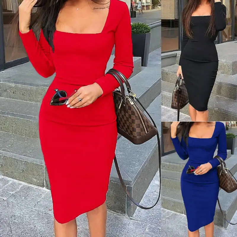

Women Long Sleeve Bodycon Dress Ladies Evening Party Cocktail Midi Dress Holiday