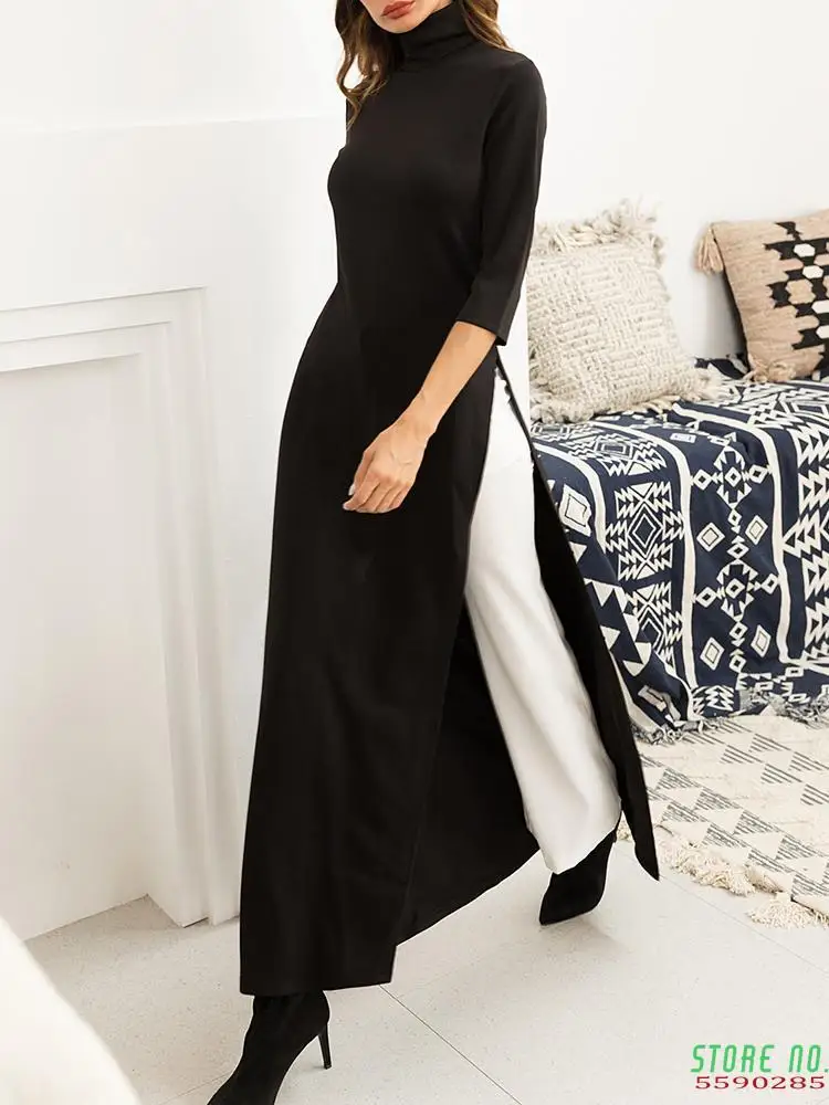 

2020 Autumn Women Fashion Elegant Casual Plus Size Black Maxi Shirt Solid High Neck Side Slit Longline Top