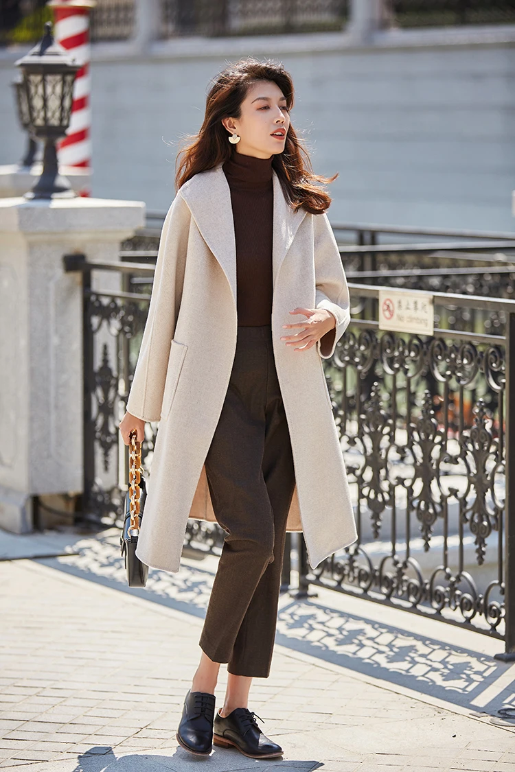 IRINAY910 осень зима Новая коллекция длинное двубортное шерстяное пальто с поясом для женщин