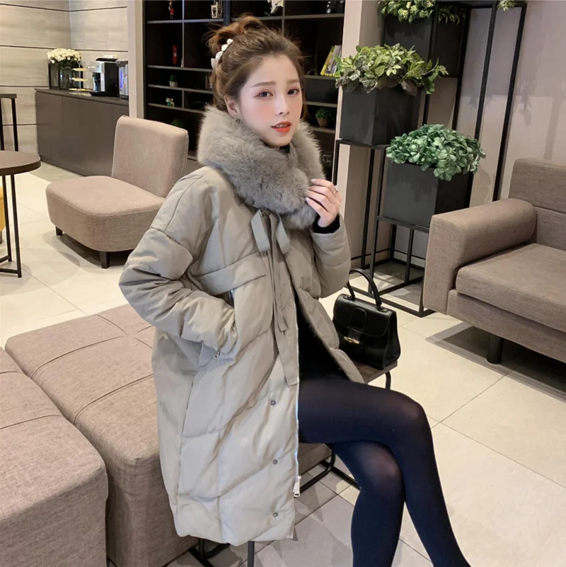 new style winter down jacket over knee medium and long style loose women coat white fox wool collar fashion lady clothes