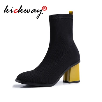 

Women Sock Boots Square Toe Elastic High Slip On Colorful Heel High Ankle Pumps Stiletto Botas Mujer High Boots Zapatos Mujer